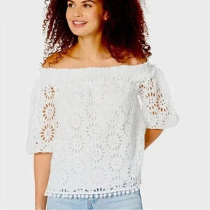 Lilly Pulitzer Raylee Eyelet Off The Shoulder Top Size XXS White Pom Poms Preppy